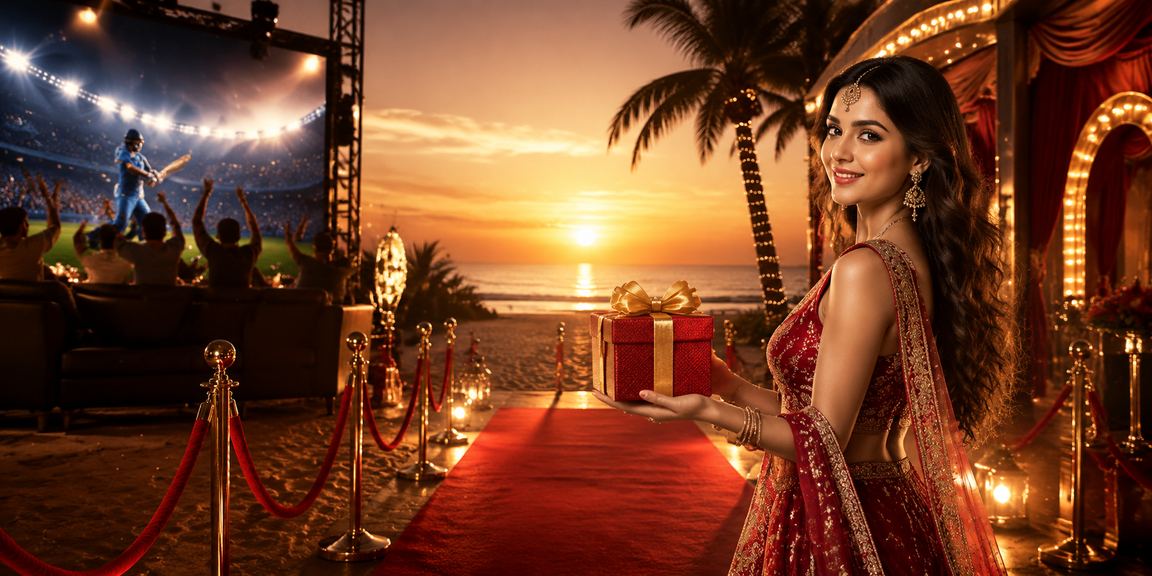 Goa beach scene with cricket and Bollywood entertainment vibes