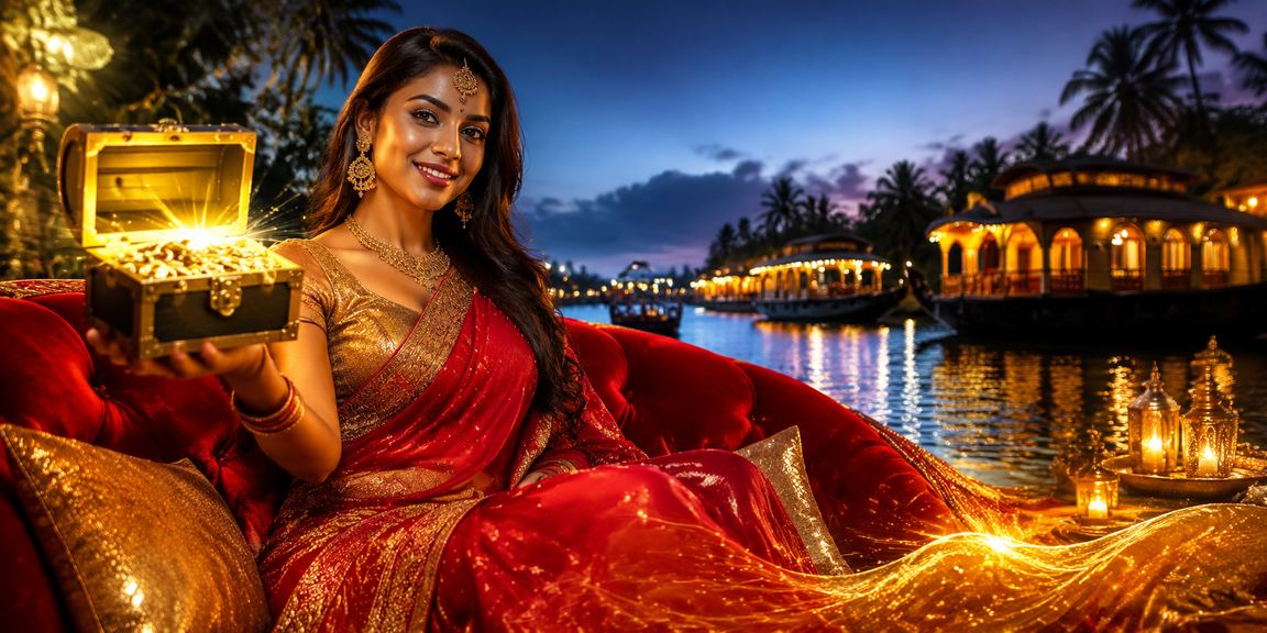 Serene Kerala backwaters with rich blue and gold tones representing calm and trust